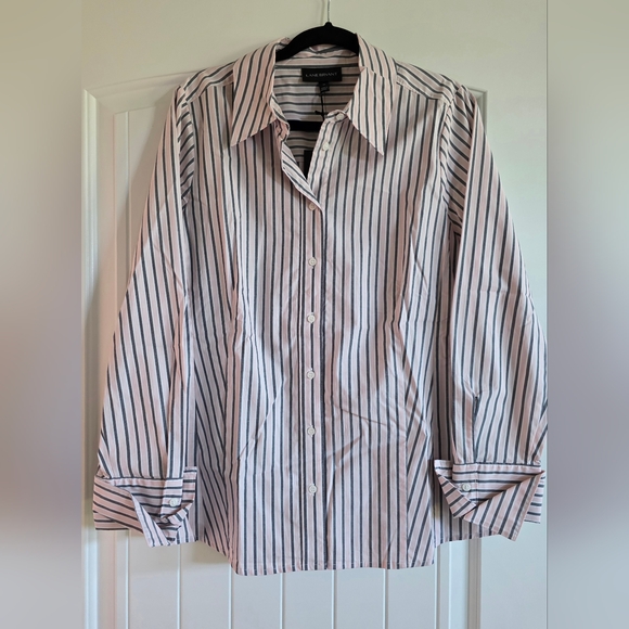 Lane Bryant Pink & Gray Hidden Button Down Tailored Shirt  Aspen Stripe Size 14 - Picture 3 of 5